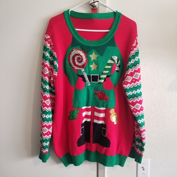 Ugly Christmas Holiday Sweater Elf Elves Sequin - Picture 1 of 2